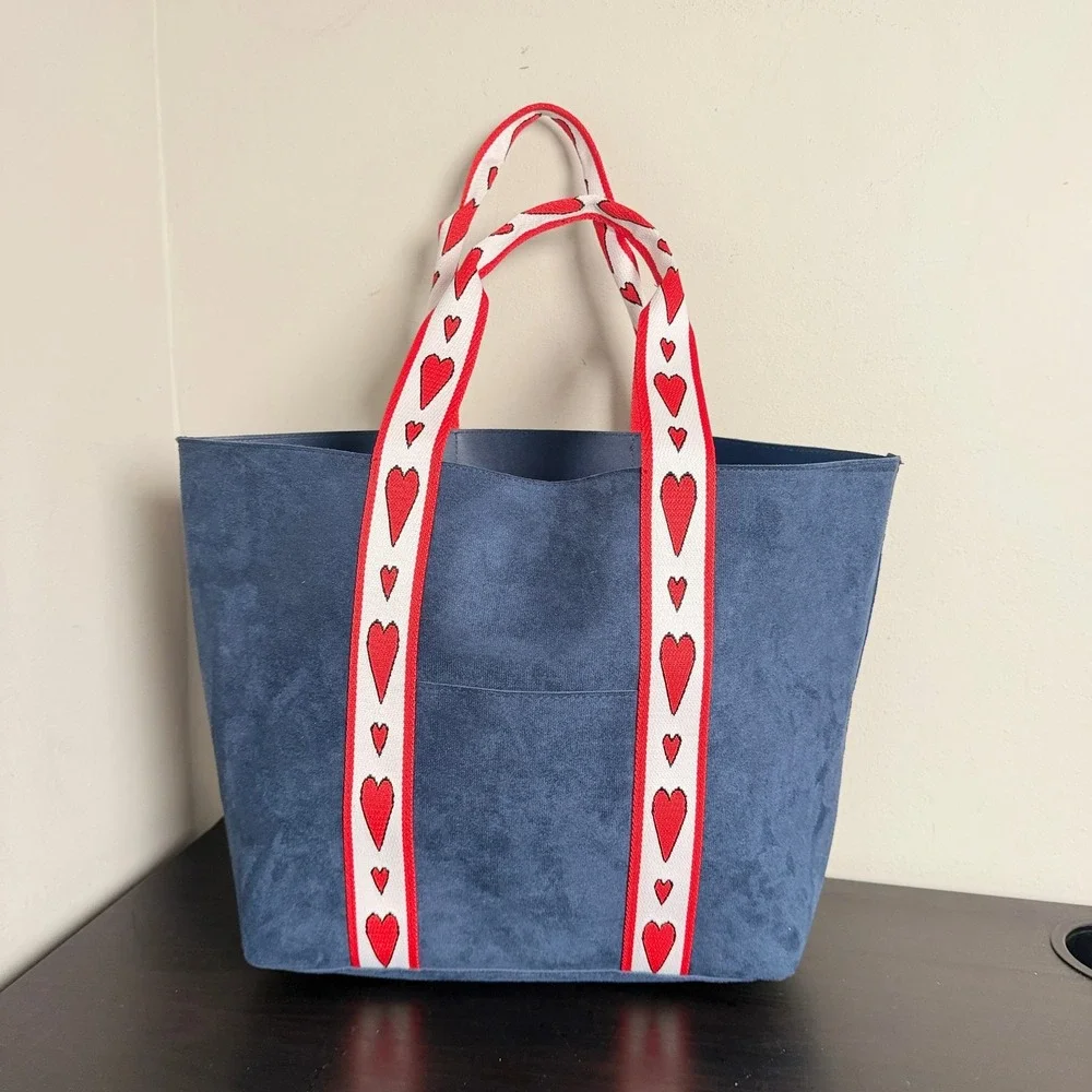Brighton Velveteen Love Tote Navy Blue White Red Heart Shoulder Bag NWT